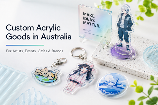 Custom acrylic goods in Australia including acrylic keychains, acrylic stands and acrylic badges for artists, events and brands